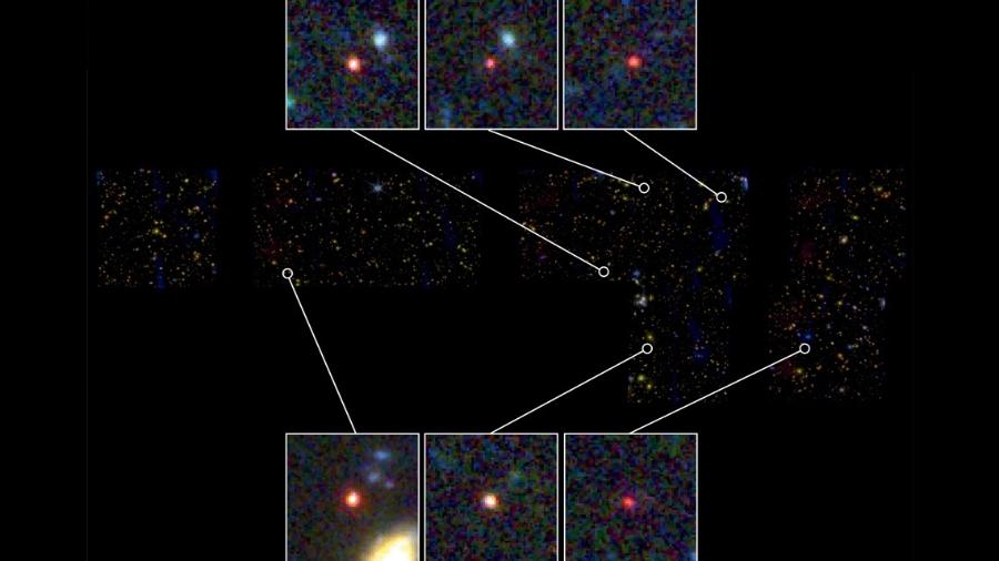 Seis galáxias totalmente formadas (pontos avermelhados) observadas pelo telescópio James Webb quando o Universo tinha entre 500 e 700 milhões de anos de vida.
