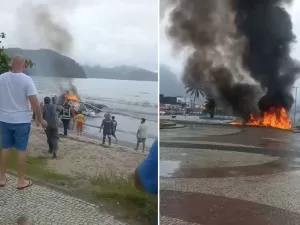 Avião de pequeno porte sai da pista, explode e cai no mar em Ubatuba (SP)