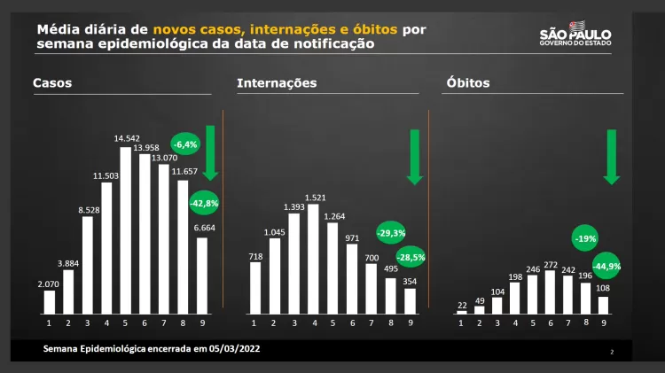 Gráficos mostram novos casos, internações e mortes por covid-19 no estado de São Paulo