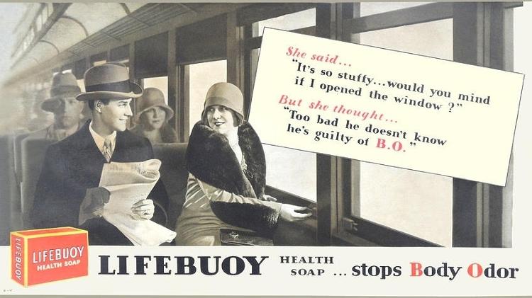 Propaganda do sabonete da Lifebuoy; marca se refere à cheiro corporal como b.o. (body odor)