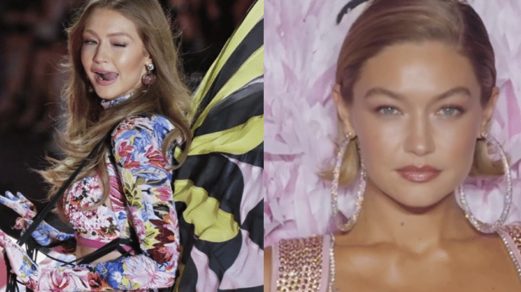 Gigi Hadid em desfile de 2018, à esquerda, e em 2024