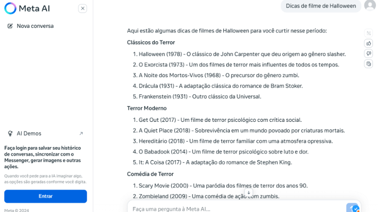 Parte das sugestões de filmes para assistir no Halloween, em lista gerada Meta AI. Ao todo, foram dezenas de filmes sugeridos, separados por tipos