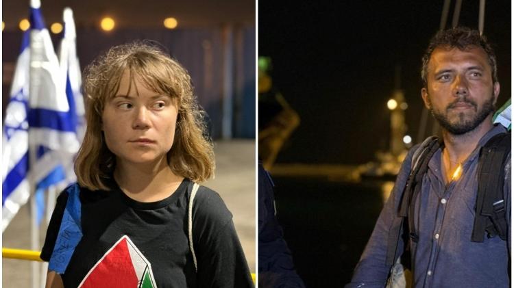 9.jun.2025 - Greta Thunberg e o ativista brasileiro Thiago Ávila desembarcam do 'Madleen' no porto de Ashdod após interceptação de Israel 9.jun.2025 - Greta Thunberg e o ativista brasileiro Thiago Ávila desembarcam do 'Madleen' no porto de Ashdod após interceptação de Israel