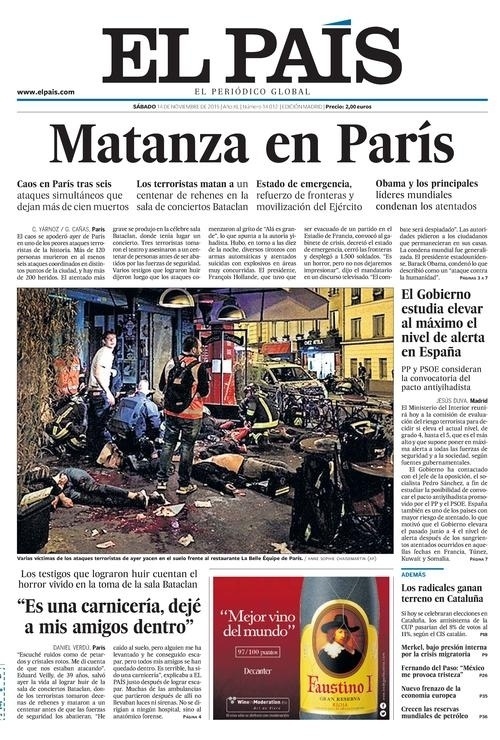 14.nov.2015 - Em sua versão impressa, o espanhol El País traz o relato de um sobrevivente: "Uma carniceria. Deixei a meus amigos lá dentro", afirma o título, sobre o pior dos ataques, na casa de espetáculos Bataclan - Reprodução