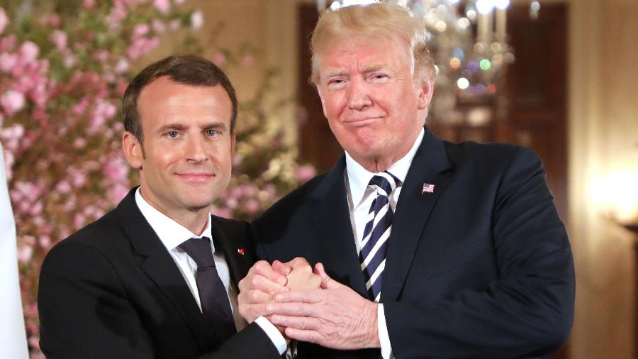 24.abr.2018 - Emmanuel Macron e Donald Trump em encontro na Casa Branca