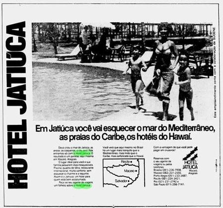 Anúncio dos anos 1980 feito para captar turistas para o hotel Jatiúca, em Maceió