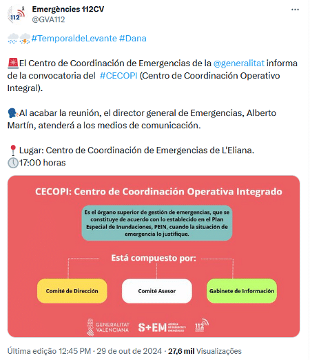 Publicação no X do sistema de emergência de Valência anuncia a convocação do CECOPI (Centro de Coordenação Operacional Integrado)