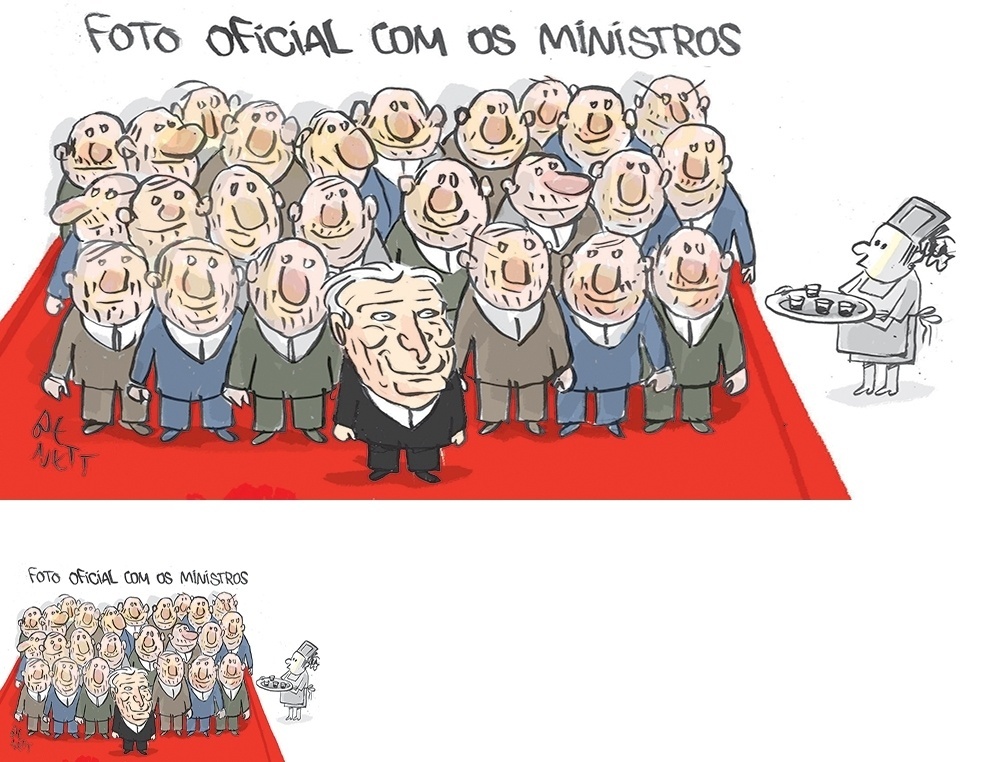 12.mai.2016 - Ao assumir o Palácio do Planalto, uma das primeiras medidas do presidente interino, Michel Temer, foi reduzir o número de ministérios de 32 para 23. Ele deu posse à equipe ministerial no dia 12 de maio e um fato chamou a atenção: todos eram homens e brancos. A falta de mulheres e negros na chefia das pastas gerou polêmica. A presidente afastada, Dilma Rousseff, criticou a escolha, dizendo que era "a cara e a face mais triste do governo [Temer]" - Benett