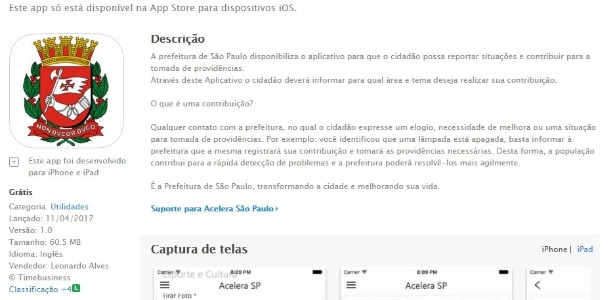 O aplicativo "Acelera SP", até esta terça (12), era oferecido para download na Apple Store - Reprodução