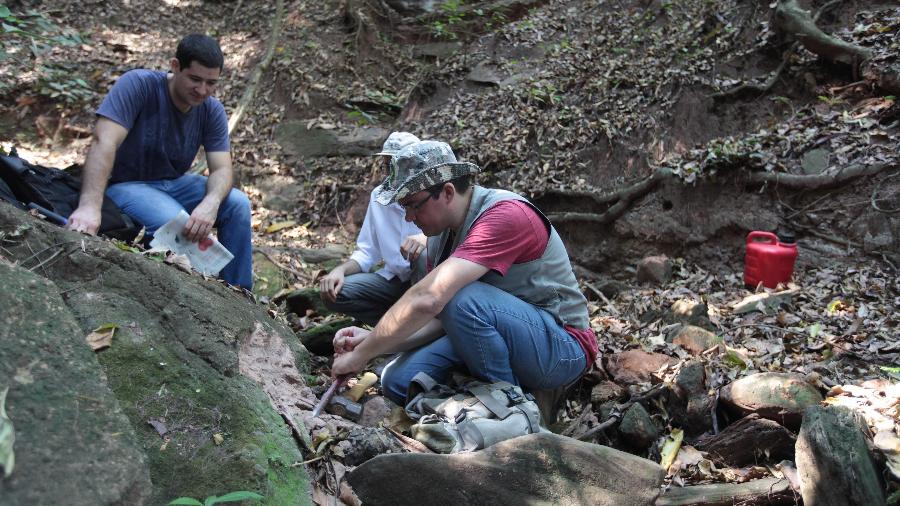 O paleontólogo Iori (de chapéu) e sua equipe em Uchoa; trabalho para identificar fóssil levou uma semana - EPITÁCIO PESSOA / ESTADÃO CONTEÚDO