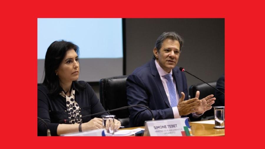 Os ministros Simone Tebet (Planejamento) e Fernando Haddad (Fazenda) durante anúncio da proposta do governo para o arcabouço fiscal - José Cruz/Agência Brasil