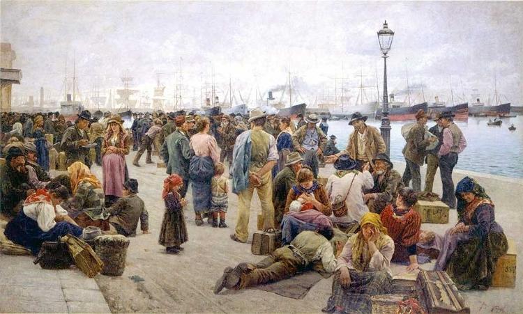 Pintura de Angiolo Tommasi, "Gli emigranti" (1896), mostra imigrantes em Livorno esperando para deixar o país Pintura de Angiolo Tommasi, "Gli emigranti" (1896), mostra imigrantes em Livorno esperando para deixar o país