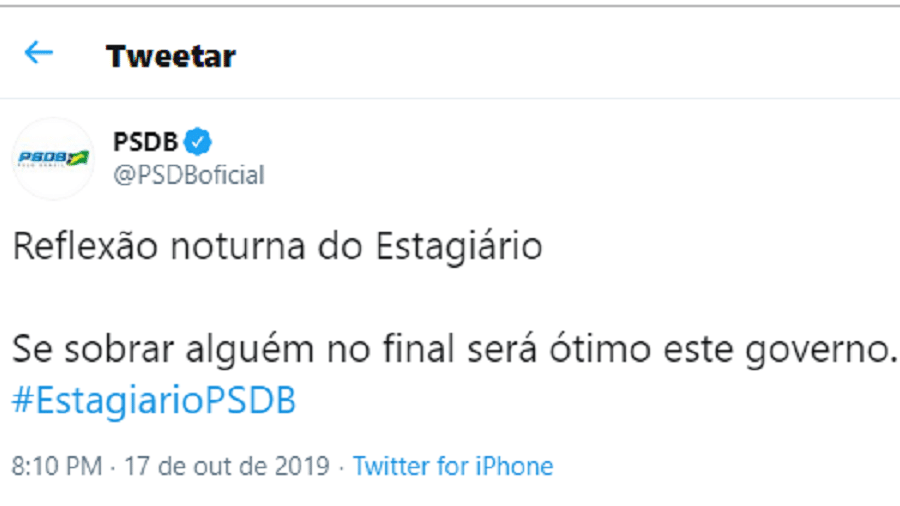 Perfil oficial do PSDB no Twitter faz piada com crise do PSL - Reprodução