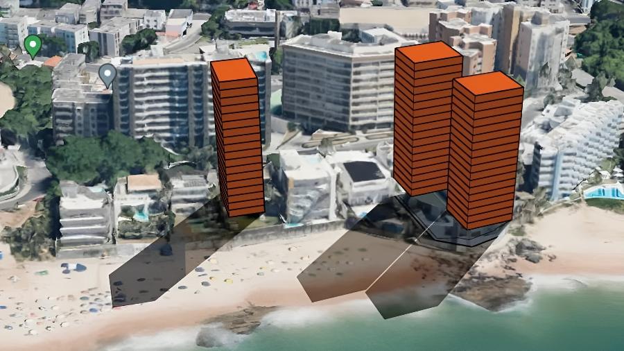 Projeção de sombra feita na praia do Buracão, em Salvador, se 3 torres forem erguidas
