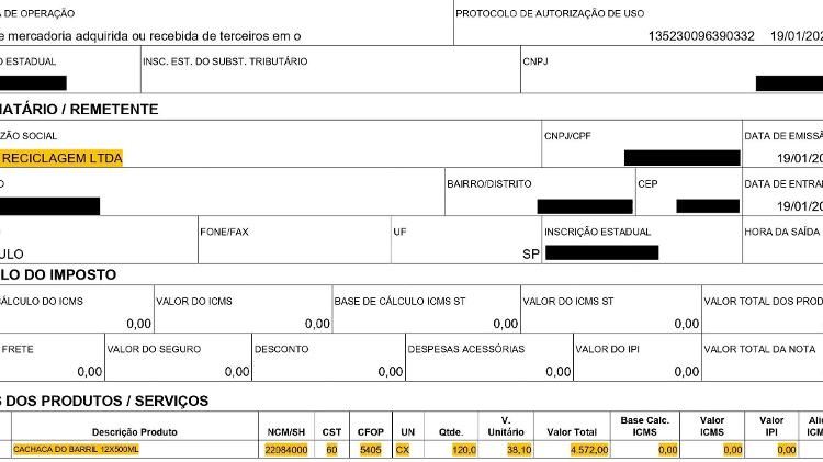 Nota fiscal mostra compra de grande quantidade de aguardente pela Minas Reciclagem; segundo Gaeco, bebida era usada como meio de pagamento de catadores dependentes químicos