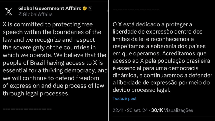 Publicação foi realizada na conta oficial de Assuntos Governamentais Globais do X