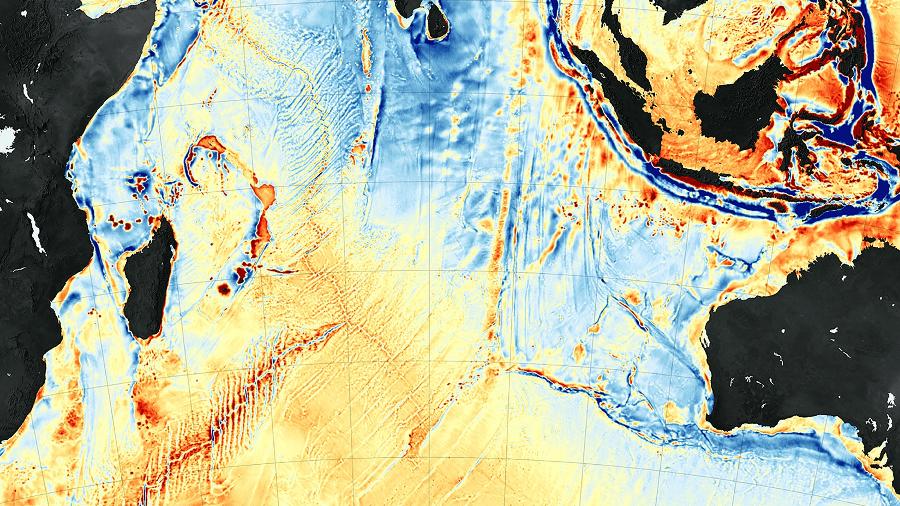 Mapa de placas tectônicas no Oceano Índico baseado em dados do campo gravitacional da Terra, mostrando anomalias gravitacionais do fundo do mar - Joshua Stevens, Sandwell, D. et al., NASA via The New York Times