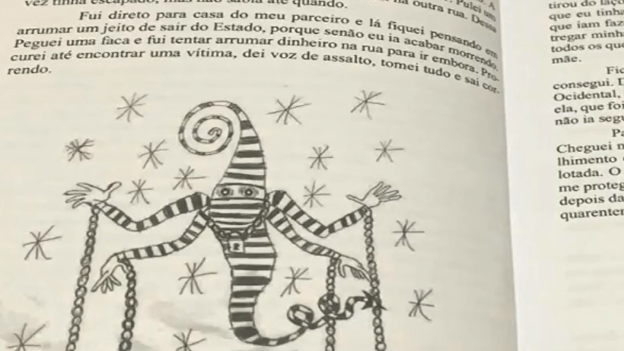 Jovem misturou texto e ilustrações para contar a própria história dentro do sistema socieducativo.  - Reprodução/TV Anhanguera