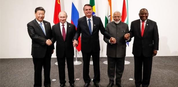 Da esquerda para a direita, os líderes de China, Rússia, Brasil, Índia e África do Sul em reunião dos Brics em 2019