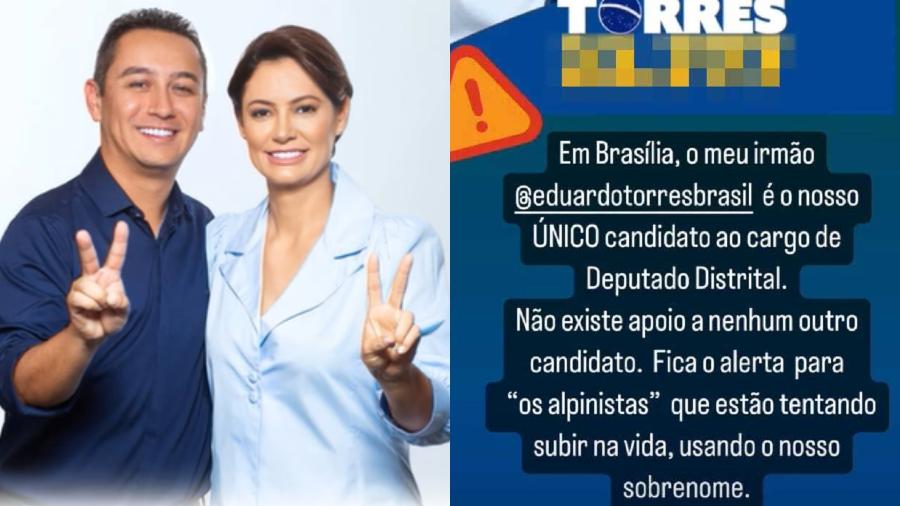 A primeira-dama Michelle Bolsonaro ao lado do irmão, o candidato a deputado distrital pelo Distrito Federal, Eduardo Torres (PL) - Reprodução/Instagram