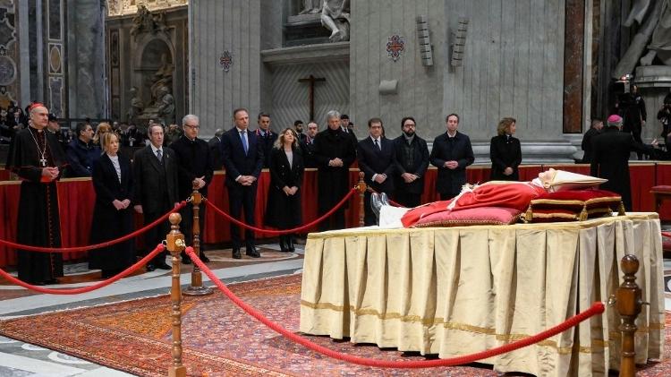 Italian Prime Minister Giorgia Meloni attends the reception of Pope Emeritus Benedict XVI at St. Peter's Basilica in the Vatican - Vatican via AFP - Vatican via AFP