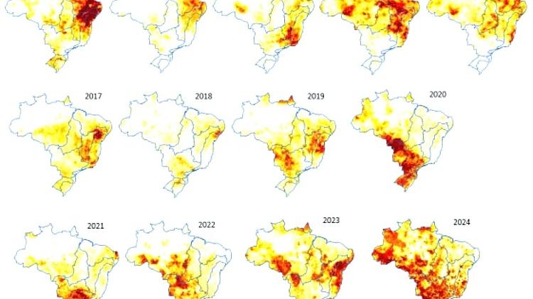 Pontos em vermelho mostram áreas de seca no país desde 2012