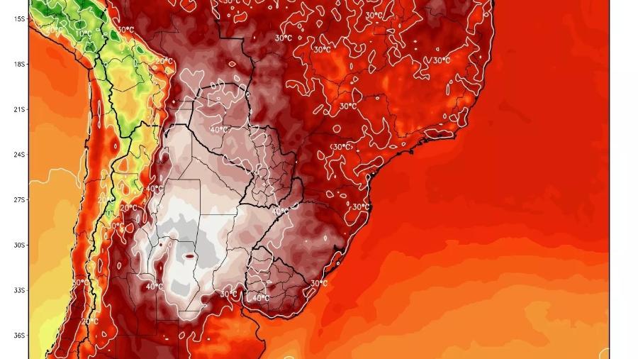 Na próxima semana, uma grande área da América do Sul enfrentará calor intenso a extremo, afetando também o Sul e o Centro-Oeste do Brasil Na próxima semana, uma grande área da América do Sul enfrentará calor intenso a extremo, afetando também o Sul e o Centro-Oeste do Brasil