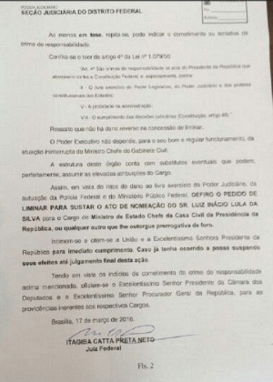 Despacho do juiz federal Itagiba Catta Preta Neto que concedeu liminar que suspende a nomeação de Luiz Inácio Lula da Silva como ministro-chefe da Casa Civil. - Reprodução