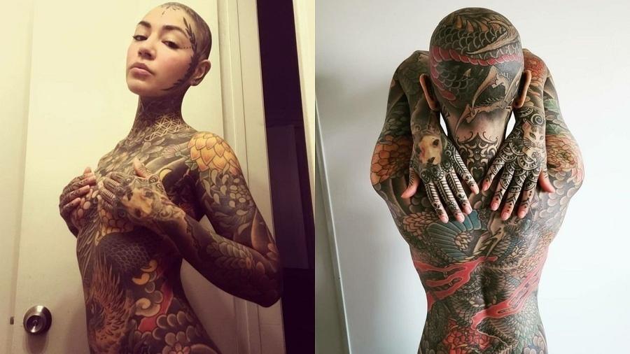 Julia mora na Califórnia (EUA) e contou que fez sua primeira tatuagem aos 18 anos e, aos 32, já gastou 19.530 libras esterlinas (cerca de R$ 142 mil) para ter as artes no corpo - Reprodução