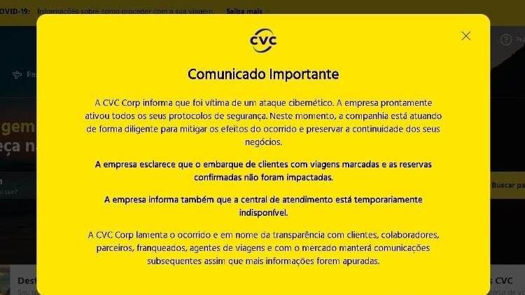 Mensagem no site da CVC comunicando o ataque hacker - Reprodução - Reprodução