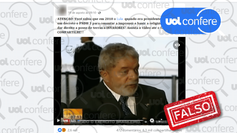 19.ago.2022 - Vídeo afirma falsamente que o ex-presidente Lula editou um decreto para "banir a religião cristã" em 2010 - Arte/UOL Confere sobre Reprodução/Facebook