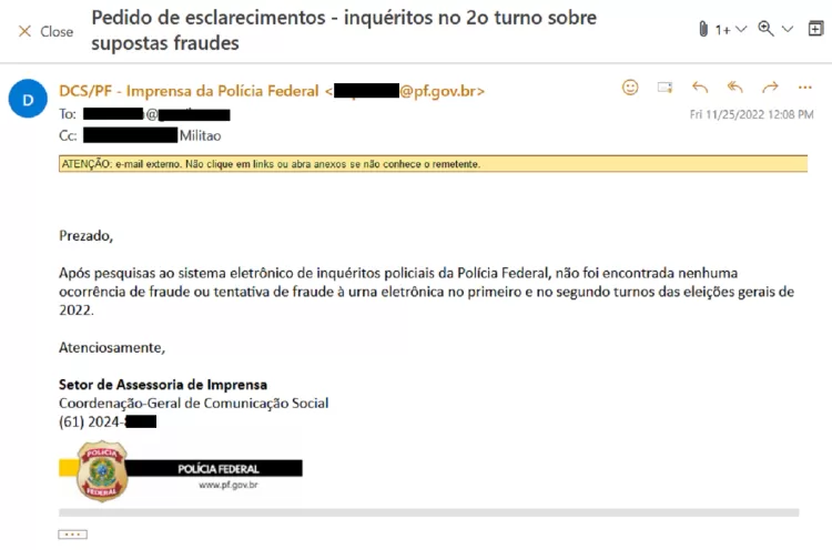 25.nov.2022 - PF diz que não houve fraude em urnas eletrônicas - Reprodução/UOL - Reprodução/UOL