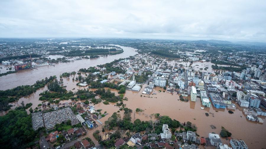 Imagem aérea do município de Lajeado, registrada pelo Governo do Rio Grande do Sul em 5/9/23