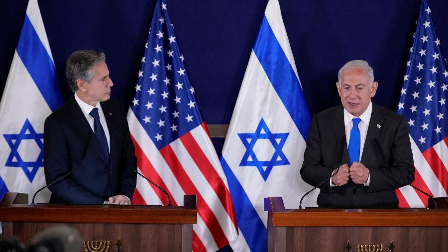 O secretário de Estado dos EUA, Antony Blinken, e o premiê de Israel, Benjamin Netanyahu, em Tel Aviv