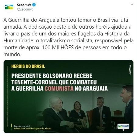 Mensagem postada em rede social pelo perfil oficial da Secretaria de Comunicação do governo Bolsonaro - Reprodução/Twitter