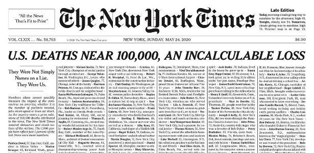 Estados Unidos | 'New York Times' cita mil vítimas do vírus na capa