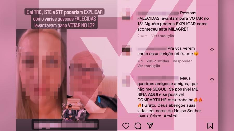 21.abr.2023 -  No vídeo original, a mulher mostra pesquisa do site “Veja seu Voto”, com o CPF do marido, como prova de que teria havido fraude nas eleições. O site em questão não é oficial e não utiliza nenhum tipo de informação da Justiça Eleitoral. - Projeto Comprova