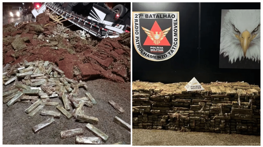 MG: Caminhão com 1 ton de maconha tomba em frente a batalhão da PM