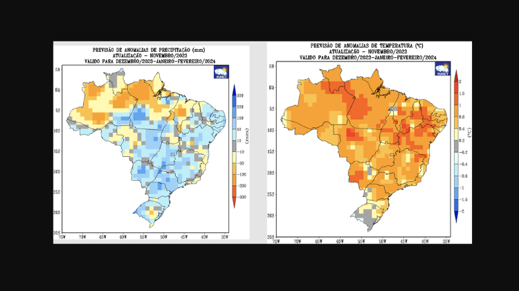 Mapas do Inmet mostram previsão de chuvas (à esquerda) e temperatura (à direita), de dezembro de 2023 a fevereiro de 2024