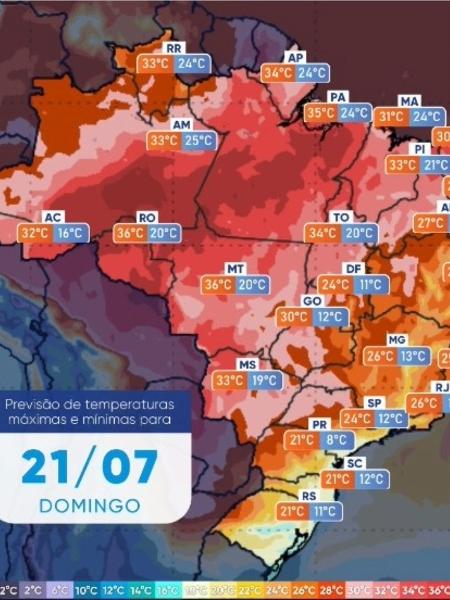 Mapa de temperatura Inmet 21 de julho de 2024