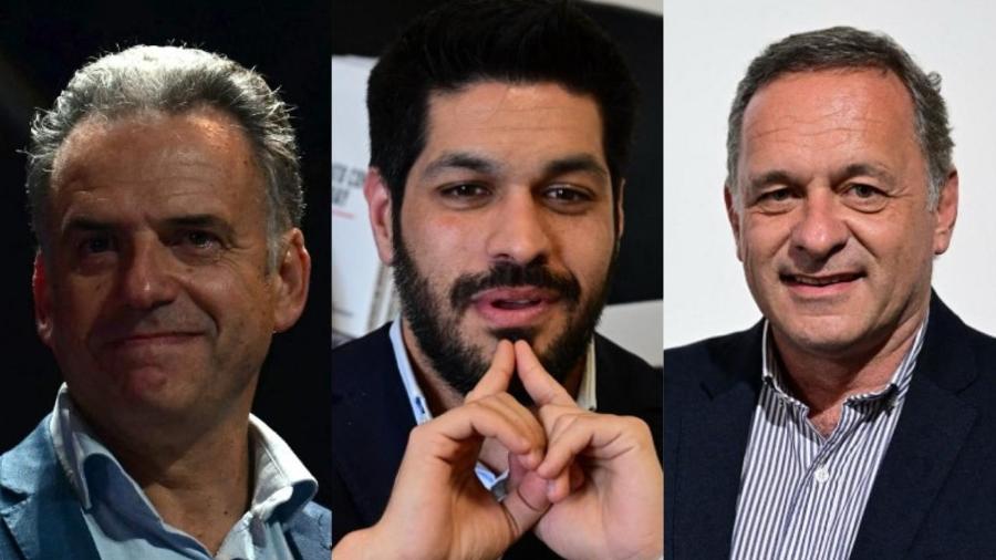 Yamandú Orsi (à esquerda); Andrés Ojeda (no centro) e Álvaro Delgado (à direita) 