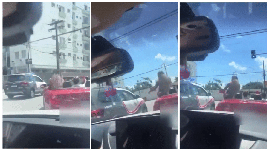 Assim que a viatura da PM se aproxima, a mulher, de fio dental, exibe os seios e rebola Assim que a viatura da PM se aproxima, a mulher, de fio dental, exibe os seios e rebola