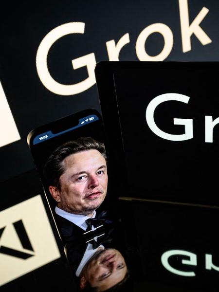 Logotipo da inteligência artificial Grok, junto com imagem de Elon Musk Logotipo da inteligência artificial Grok, junto com imagem de Elon Musk