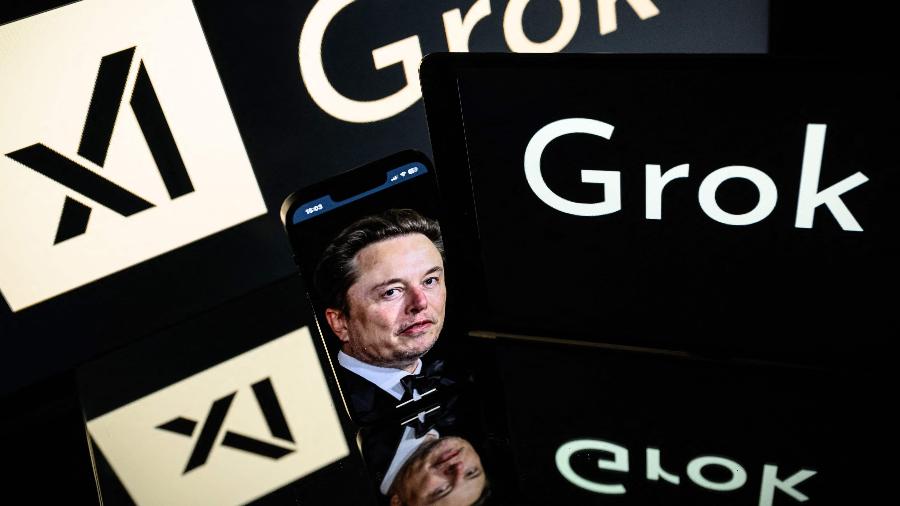 Logotipo da inteligência artificial Grok, junto com imagem de Elon Musk Logotipo da inteligência artificial Grok, junto com imagem de Elon Musk