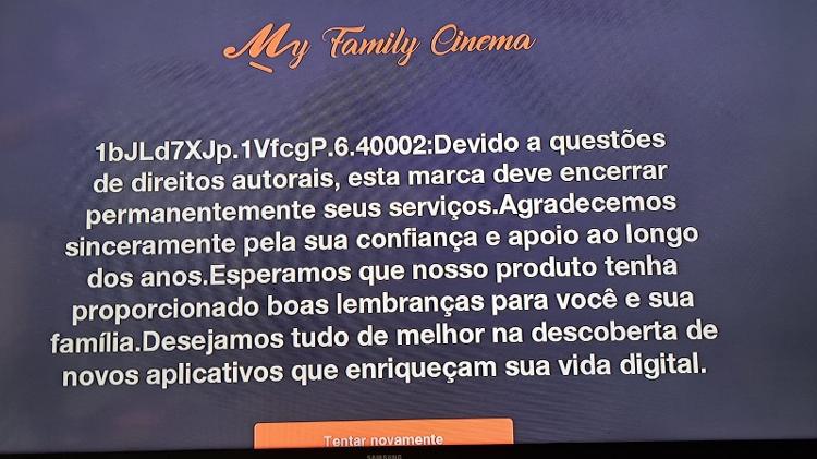 Captura de tela do app My Family Cinema, exibindo mensagem informando que serviço está fora do ar Captura de tela do app My Family Cinema, exibindo mensagem informando que serviço está fora do ar