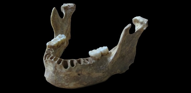 Imagem de mandíbula encontrada na Romênia de um homem que viveu há cerca de 40 mil anos é exibida pelo Instituto Max Planck de Antropologia Evolucionária de Leipzig, na Alemanha - Reuters