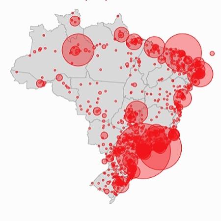 Mapa do Brasil com as cidades com casos confirmados de coronavírus até o dia 15/4 - Arte/UOL