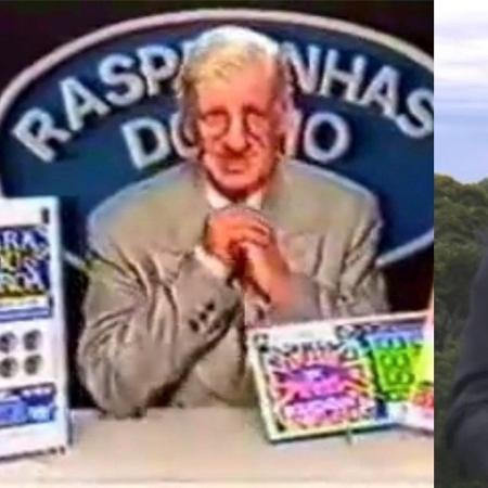 À esq, o comediante Costinha em propaganda de loteria nos anos 80; à dir., Crivella em programa eleitoral na  TV - Reprodução