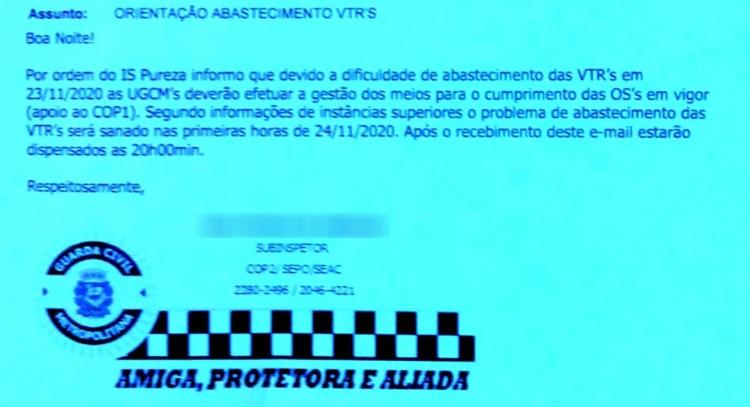 E-mail sobre falta de combustível para GCM em SP - 23.nov.2020 - Reprodução - 23.nov.2020 - Reprodução