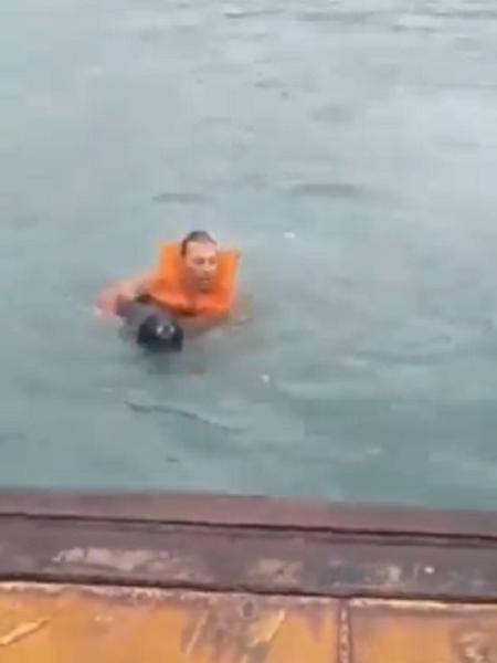 Homem salta ao mar para salvar cãozinho em São Sebastião (SP) - Reprodução/Twitter